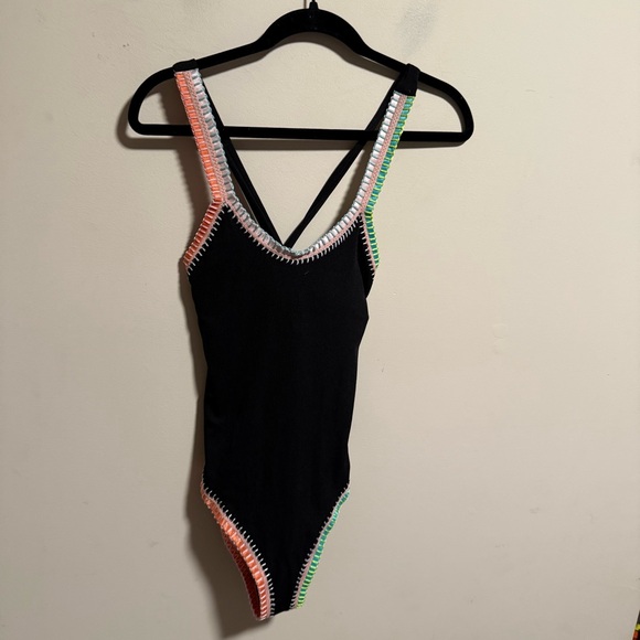 Pilyq Platinum Black Crochet Rainbow Trim One Piece Swimsuit- Size Medium - Picture 3 of 10